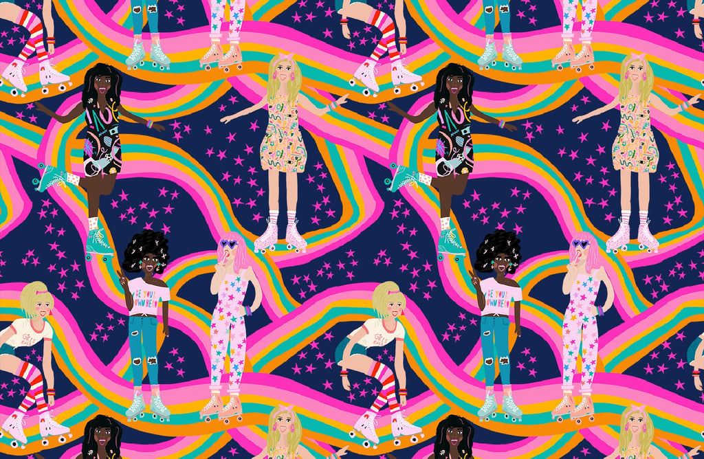 Bold, bright colourful illustration of girls on roller skates