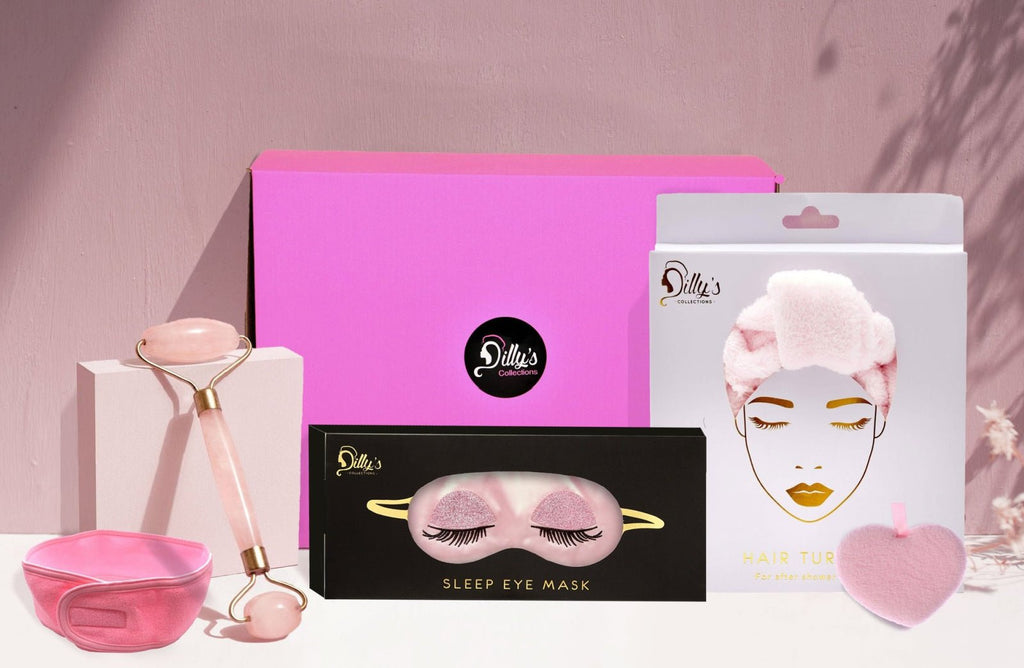 Self-care products including an eye mask and rose quartz facial roller