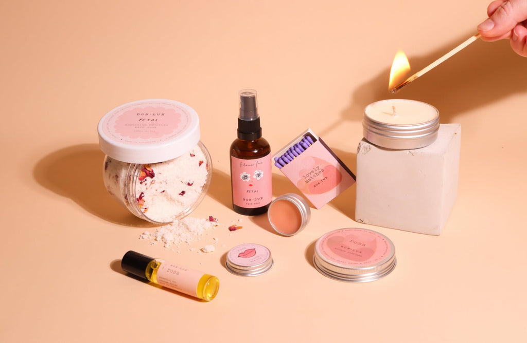 Self-care products including bath salts, essential oils and candles